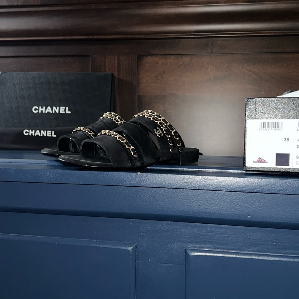 Chanel Calfskin and Leather Mules with Gold Chains